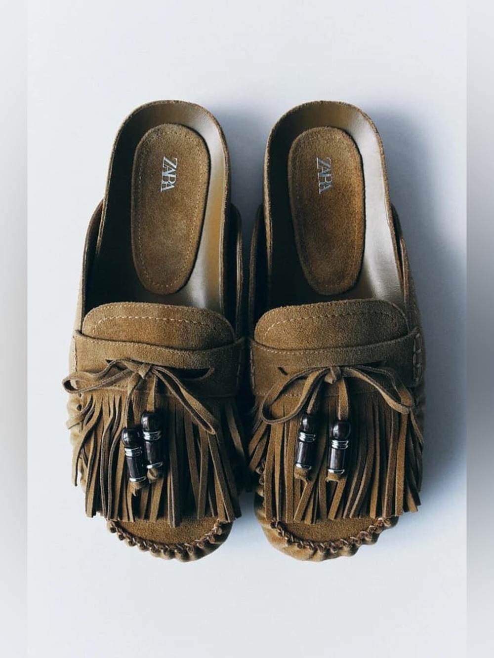 ZARA Fringe Split Leather Clogs Suede Boho Mocassins Size 38
